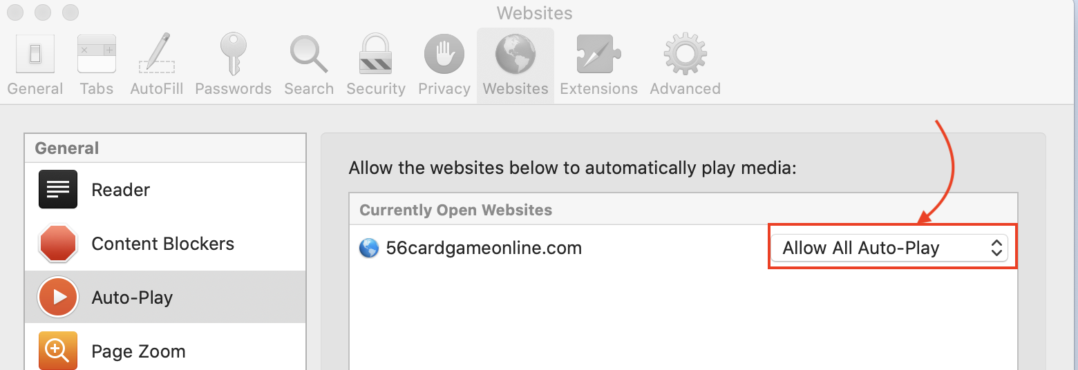 Auto Play settings on Safari on Mac